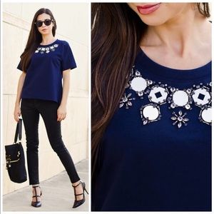J Crew Structured Necklace Embellished Tee Navy Blue Ponte Knit  Women’s M